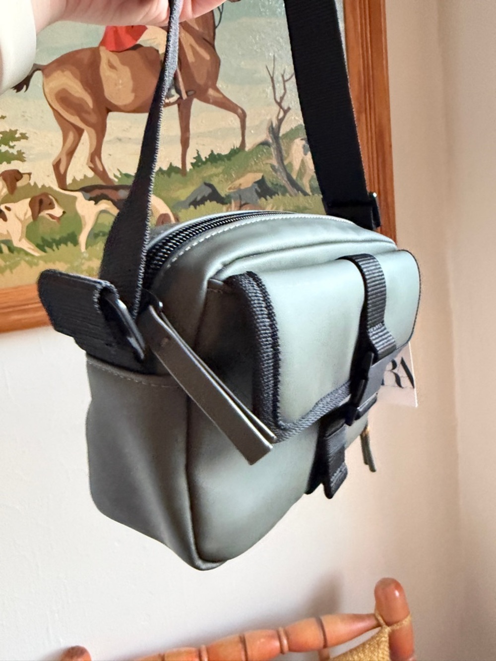 NWT ZARA Rubberised Crossbody Bag Khaki Green Unisex Crossbody Bag Adjustable - Picture 6 of 8
